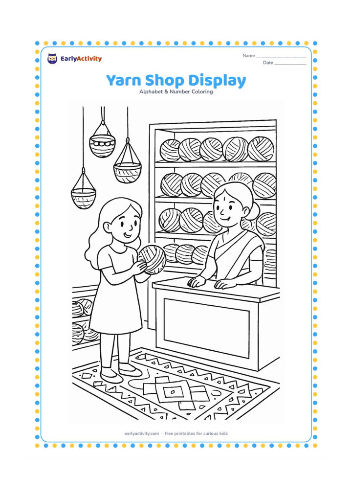 Colouring page: Draw an inviting Indian craft shop interior with shelves of yarn balls, a child choosing a skein, a shopkeeper behind a counter, hanging baskets, and a patterned rug.