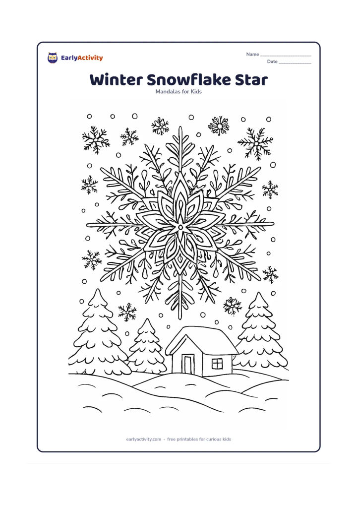 Colouring page: Draw a highly detailed star mandala interwoven with symmetrical snowflake branches, surrounded by snow-covered trees, a small cabin and drifting snow. Keep the cabin plain with no signs…