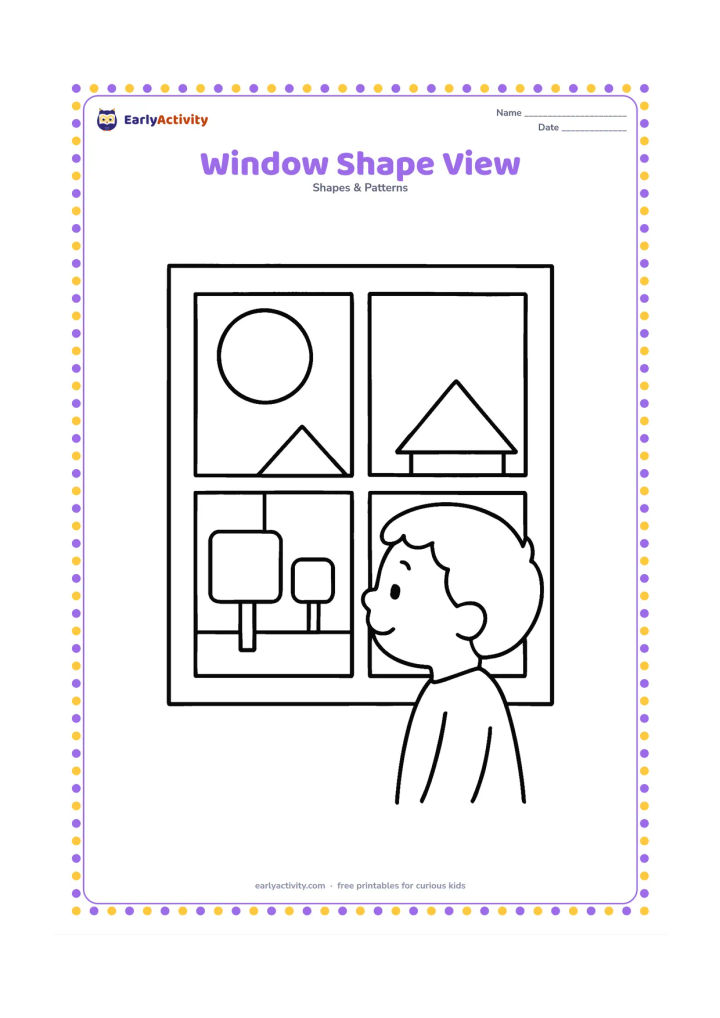 Colouring page: Draw a large square window divided into simple rectangular panes, showing a round sun, triangular rooftops, and square trees outside. Add a child looking out from one side of the room.
