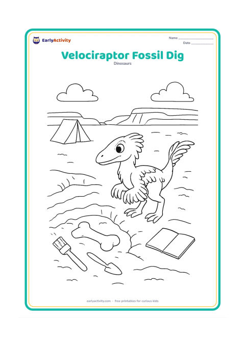 Colouring page: A feathered velociraptor observes a partially uncovered fossil bone in a sandy dig site, with a shallow trench, brush tools, a small tent, layered cliffs, and an empty field notebook…