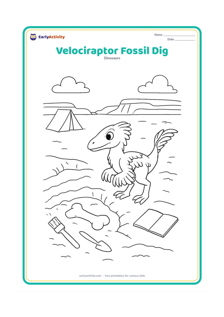 Colouring page: A feathered velociraptor observes a partially uncovered fossil bone in a sandy dig site, with a shallow trench, brush tools, a small tent, layered cliffs, and an empty field notebook…