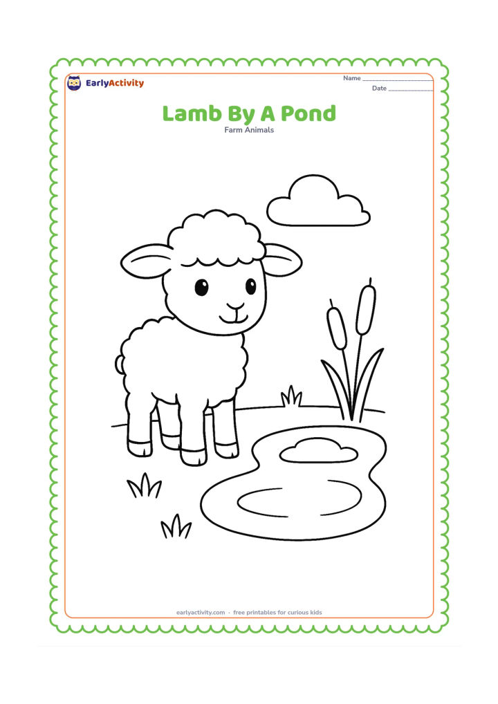 Colouring page: A lamb stands beside a small pond with two reeds, a few grass tufts and a rounded cloud reflected in the water. Keep the pond safely separate from the lamb.