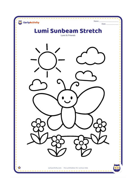 Colouring page: Lumi stands beneath a bright summer sun with wings stretched wide, surrounded by three large clouds, a few simple flowers and broad leaves. Keep the composition open with one large sun…
