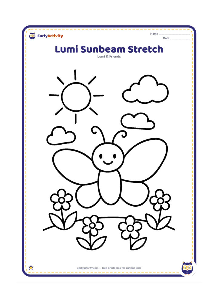 Colouring page: Lumi stands beneath a bright summer sun with wings stretched wide, surrounded by three large clouds, a few simple flowers and broad leaves. Keep the composition open with one large sun…