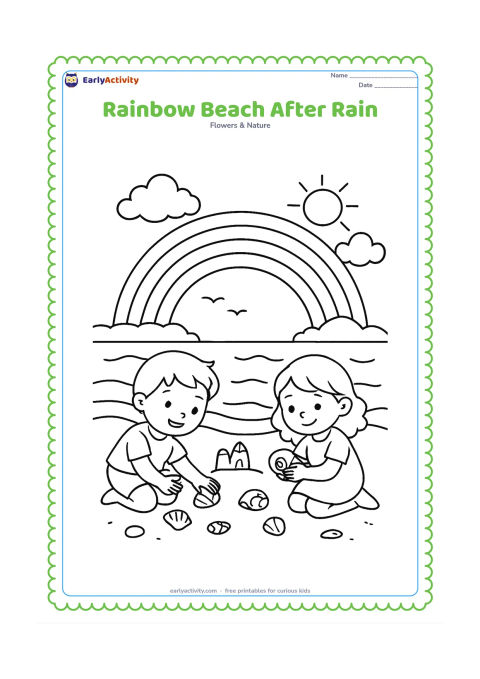 Colouring page: Draw a rainbow over a beach with two children collecting smooth shells, a small sandcastle, gentle waves, clouds and a sun breaking through. Include a few shore birds in the distance.