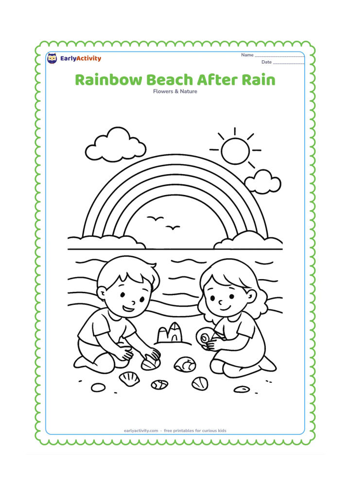 Colouring page: Draw a rainbow over a beach with two children collecting smooth shells, a small sandcastle, gentle waves, clouds and a sun breaking through. Include a few shore birds in the distance.
