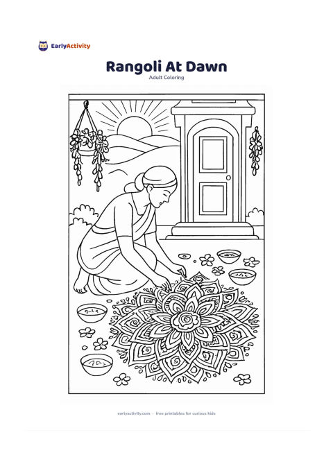 Colouring page: Show a person kneeling to complete a large symmetrical rangoli outside a home at early morning, with bowls of coloured powder, flower petals, a doorway, hanging plants, and a rising sun.…