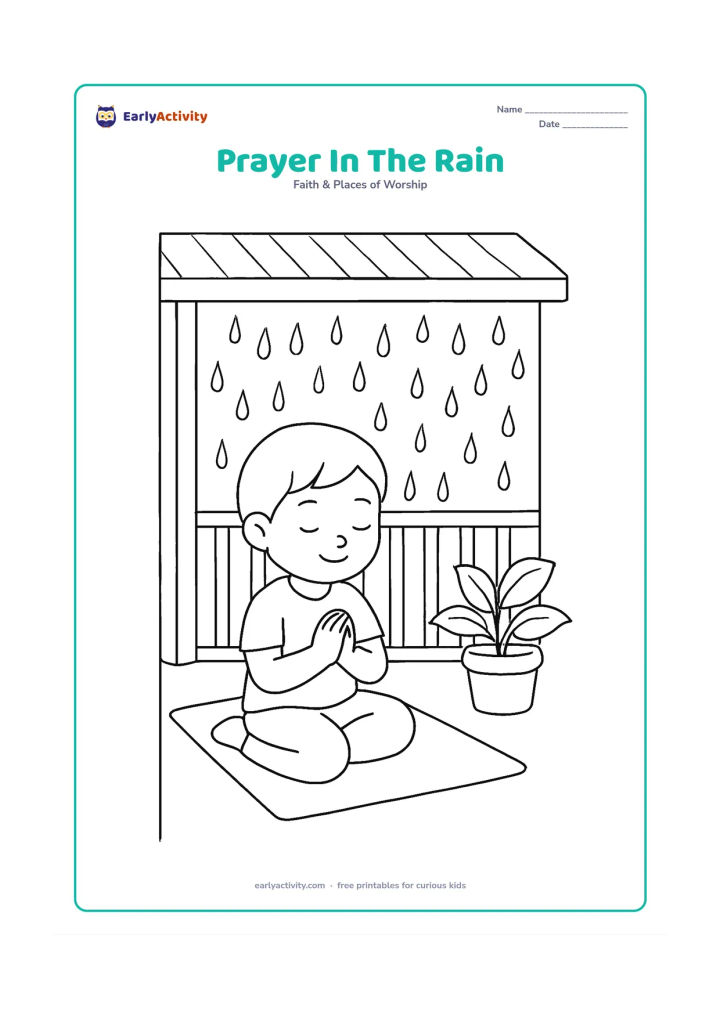 Colouring page: A child sits under a covered veranda with folded hands on a mat, while rain falls beyond the railing and a leafy plant rests nearby.