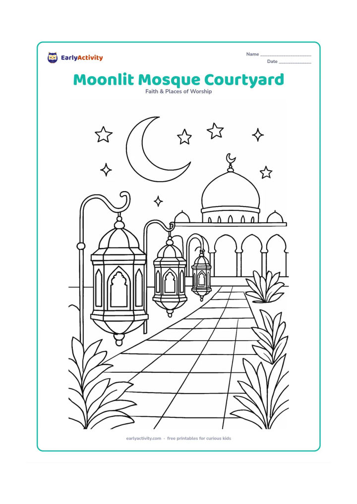 Colouring page: Several ornate lanterns lead through a peaceful mosque courtyard toward a dome and arched colonnade, with a large crescent moon, stars, tiled paving, and plants. Keep the scene welcoming…