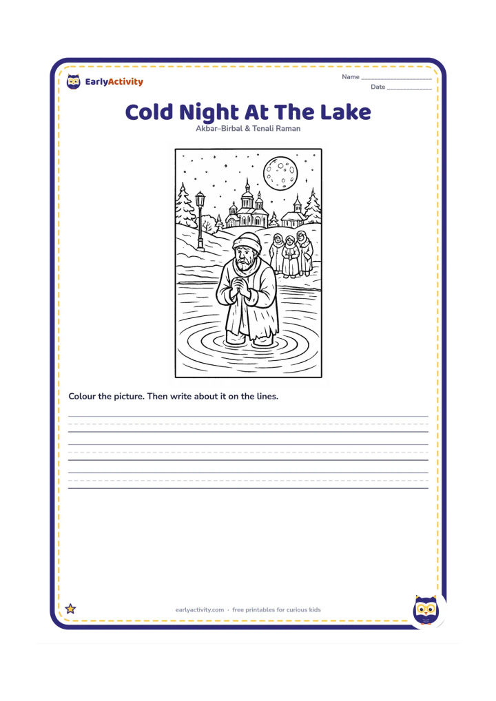 Printable: Show a detailed winter night scene with the poor man standing in the lake, ripples around him, a far lamp on a village bank, moonlit palace buildings and bundled-up figures watching from…