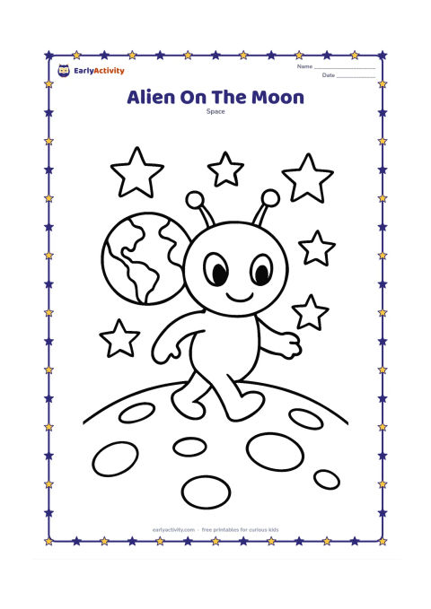 Colouring page: Draw a smiling alien taking a small step across a gently cratered moon, with a simple Earth and several large stars behind it. Keep the alien and moon as the main large shapes.