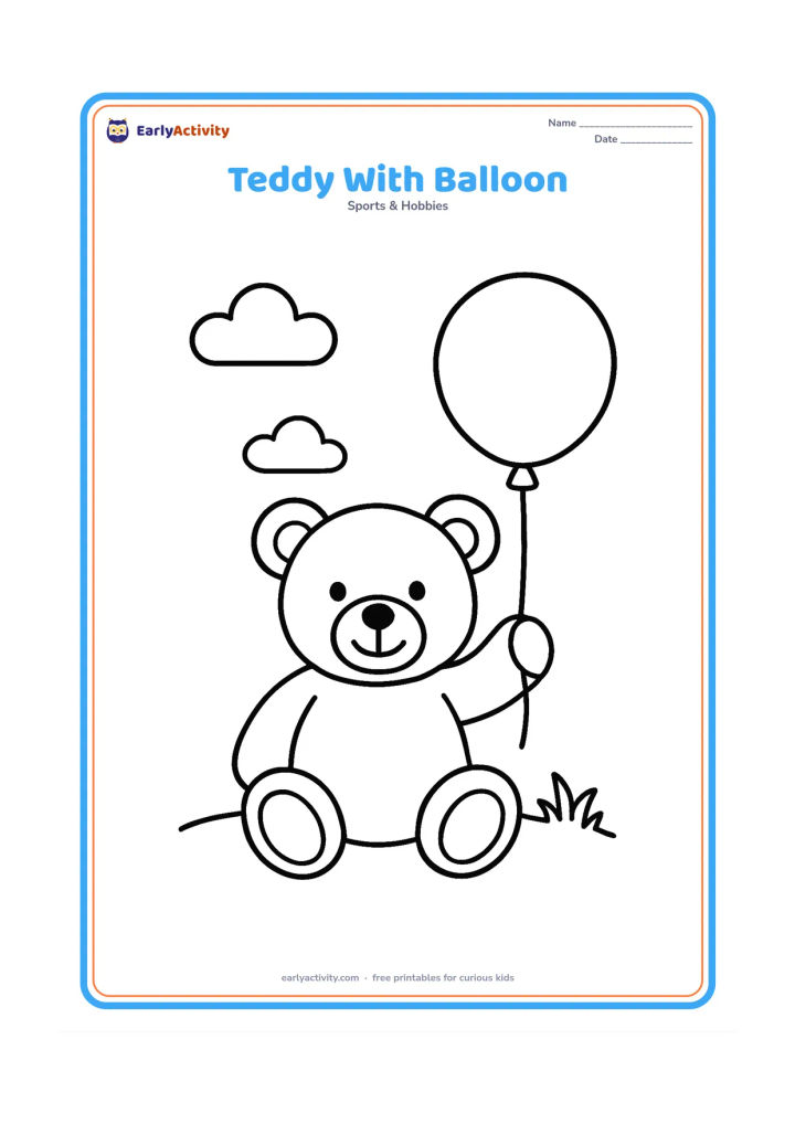 Colouring page: A happy teddy bear sits holding one large round balloon, with a few simple clouds and a small patch of grass behind it. Keep the bear, balloon and background shapes large and widely spaced.