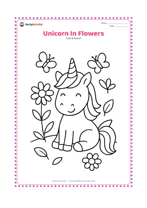 Colouring page: A happy unicorn sits in a small meadow surrounded by large daisies, simple leaves and two butterflies. Show its mane and tail in broad, separate sections.