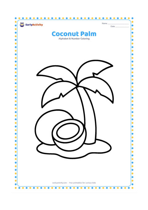 Colouring page: One large coconut rests beside a short palm tree with two broad leaves and a small sandy patch. Show a simple cut coconut half with a clear inner shape, without any lettering.