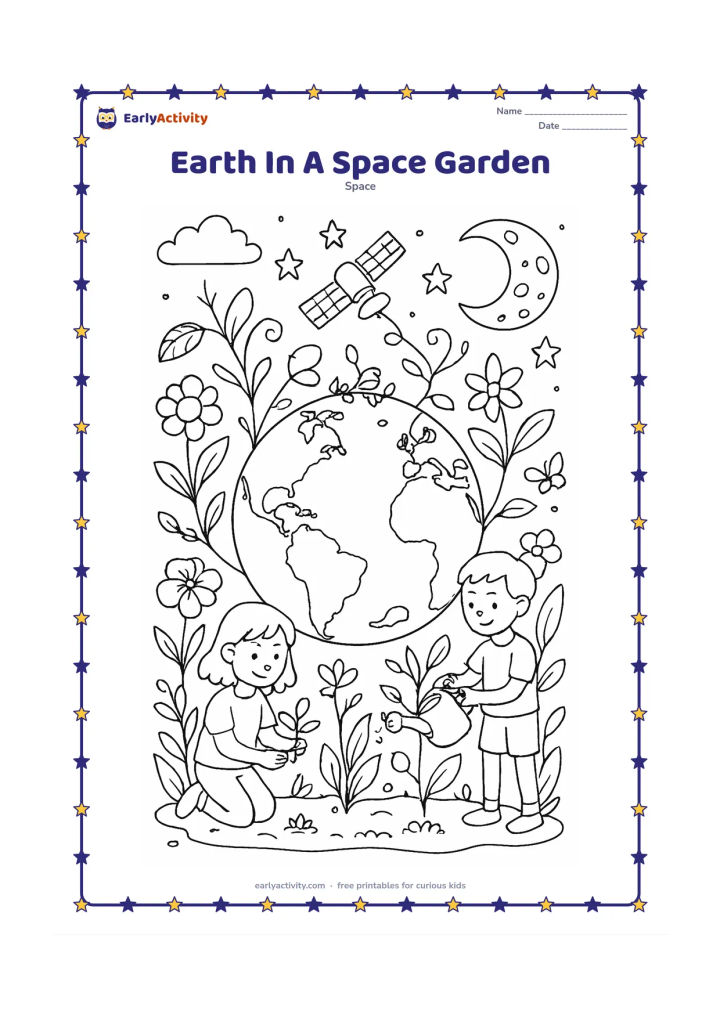 Colouring page: A detailed Earth rests at the center of a whimsical garden floating in space, with children tending plants, vines curling around a small satellite, stars, clouds and the Moon nearby.…