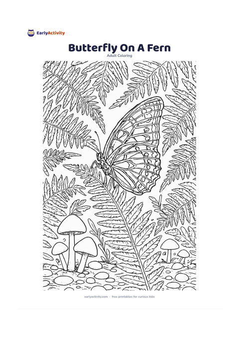 Colouring page: Place a butterfly with folded side-view wings on a fern frond, surrounded by overlapping fern leaves, small mushrooms, and pebbles on a woodland floor. Show the visible wing with…