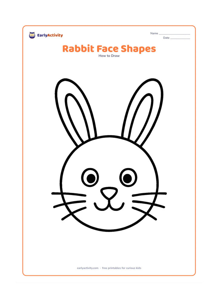 Worksheet: Show a large rabbit head made from a circle, two long ear shapes, two big eyes, a triangle nose, curved mouth and six simple whiskers. Place each facial feature clearly and leave the…