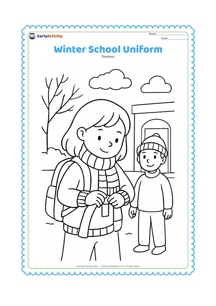 Colouring page: A child in a warm sweater and scarf stands outside school adjusting a school bag. Show a friend in a woolly cap, misty clouds, bare branches and a simple doorway.