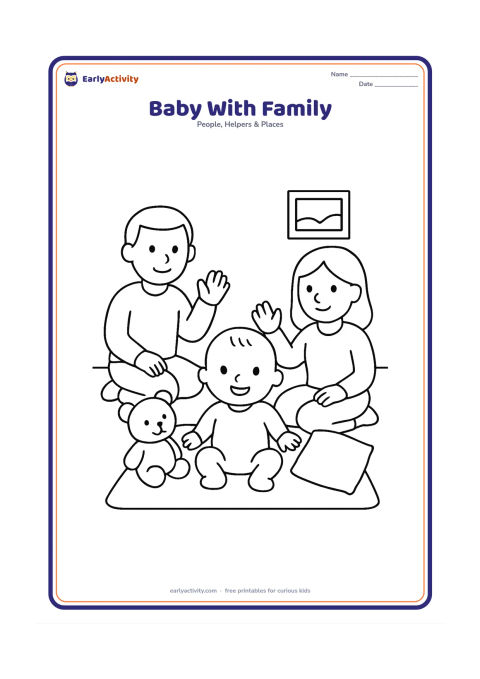 Colouring page: Show a smiling baby sitting safely on a mat while two family members sit nearby and wave. Add a soft toy, a cushion and a simple wall picture with no markings.