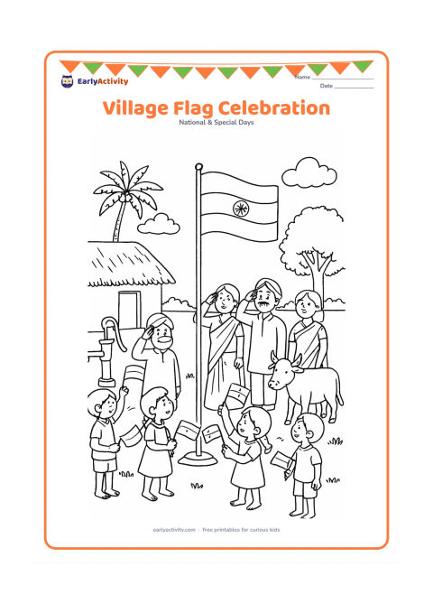 Colouring page: Draw villagers gathered around a flagpole in an Indian village, with children holding flags, a thatched-roof home, a hand pump, a cow and palm trees in the background. Keep the flag…