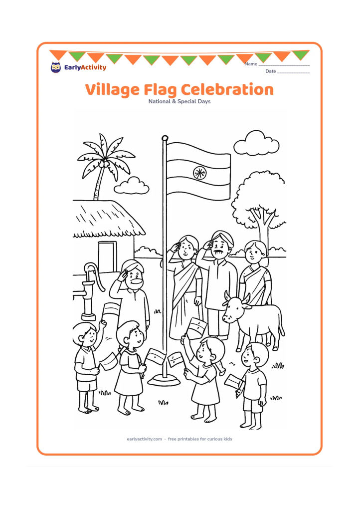 Colouring page: Draw villagers gathered around a flagpole in an Indian village, with children holding flags, a thatched-roof home, a hand pump, a cow and palm trees in the background. Keep the flag…