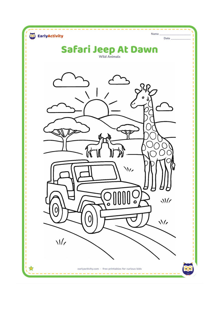 Colouring page: Draw a safari jeep parked on a track while a giraffe and two antelopes stand safely in the distance. Include a rising sun, acacia trees and a few clouds, with no people shown.