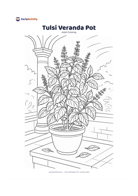 Colouring page: Show a potted tulsi plant on an Indian home veranda, with several leafy stems, a simple clay pot, and a low ledge behind it. Include a few fallen leaves and morning sunlight suggested by…