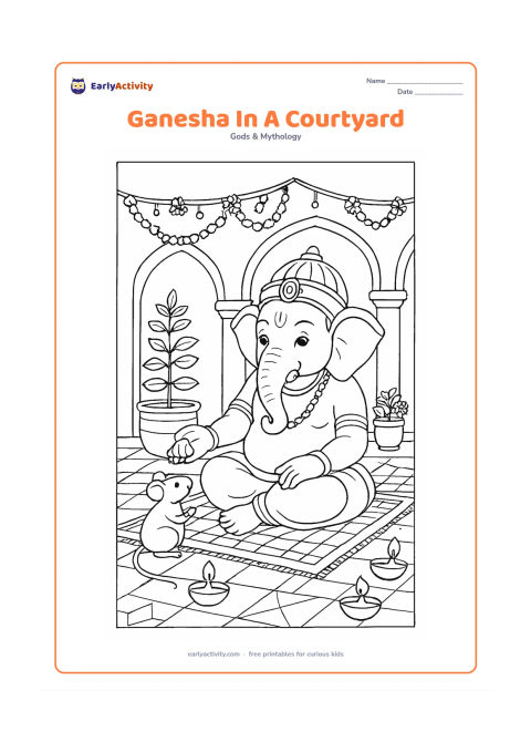 Colouring page: Lord Ganesha sits in a traditional Indian courtyard beside a tulsi planter, offering a modak to his mouse. Add arched doorways, hanging garlands, patterned floor tiles, clay lamps,…