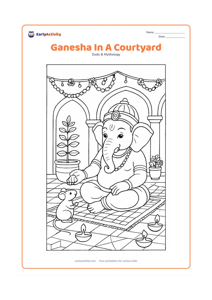 Colouring page: Lord Ganesha sits in a traditional Indian courtyard beside a tulsi planter, offering a modak to his mouse. Add arched doorways, hanging garlands, patterned floor tiles, clay lamps,…