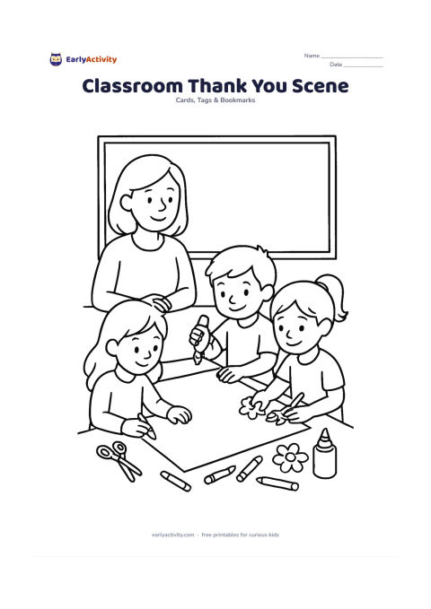 Worksheet: A teacher sits at a desk while several children decorate a large blank card together at a classroom table, with scissors, glue, crayons and flowers nearby. Leave the card itself and a…