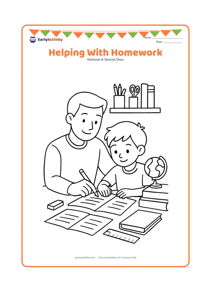 Colouring page: A father helps a child at a study table with blank worksheets, pencils, an eraser, books, a ruler, a globe and a wall shelf of supplies.