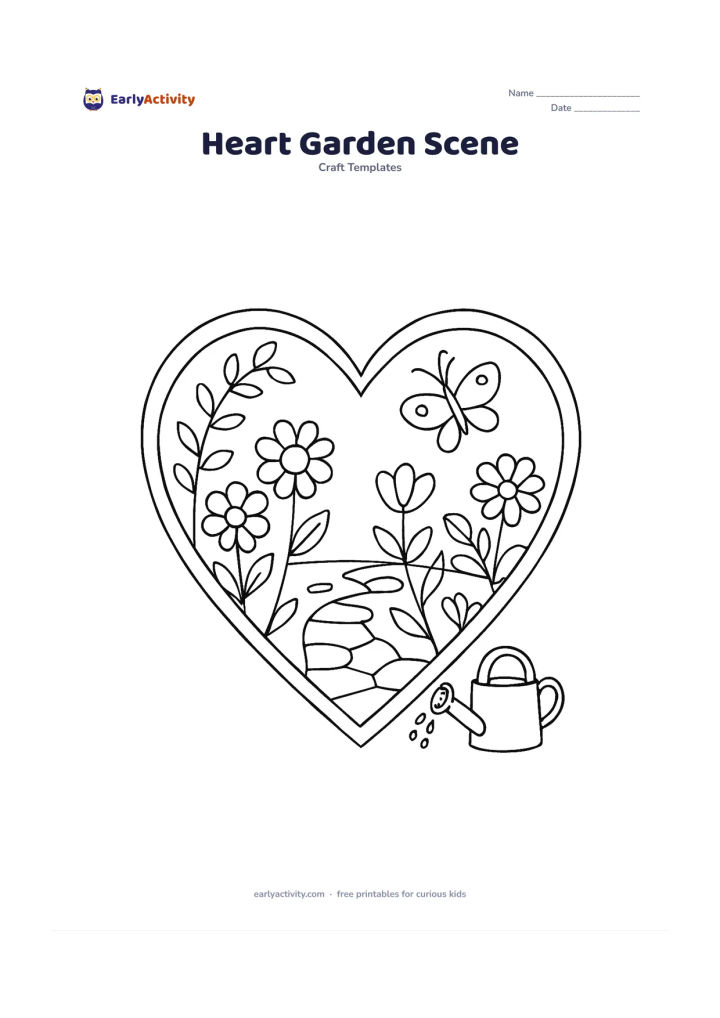 Worksheet: Draw a large heart-shaped frame containing a garden scene with flowers, leafy vines, a butterfly, a small watering can and a garden path. Keep the heart frame unmistakable and leave…