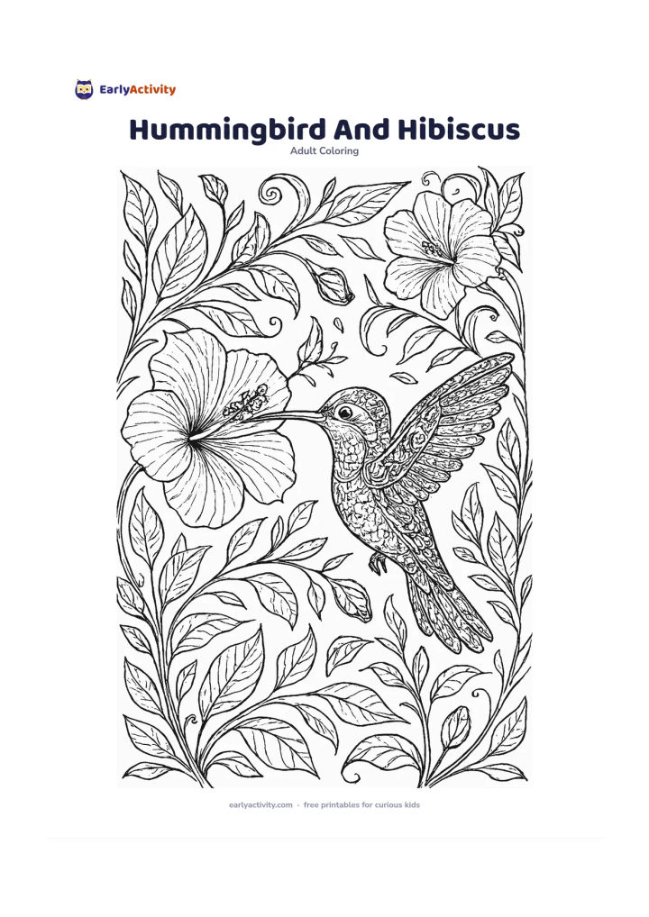 Colouring page: Draw a hummingbird hovering beside a large hibiscus flower, its wings spread and beak near the petals. Fill the composition with curling leaves, several unopened buds, fine stems and a…