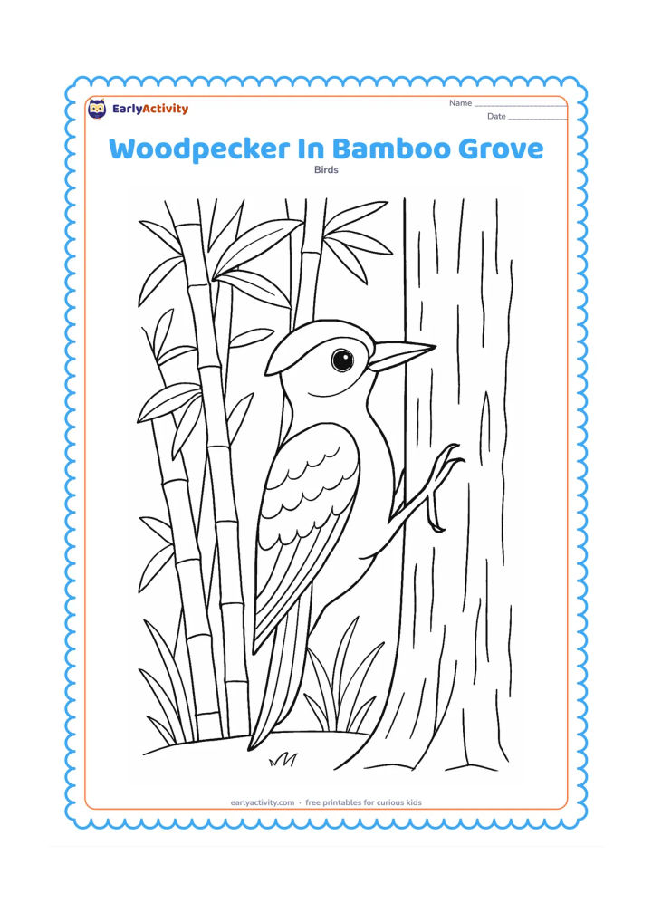 Colouring page: A woodpecker clings to a tree at the edge of an Indian bamboo grove. Show tall bamboo stems, broad leaves, a few grasses and the bird pecking at bark.
