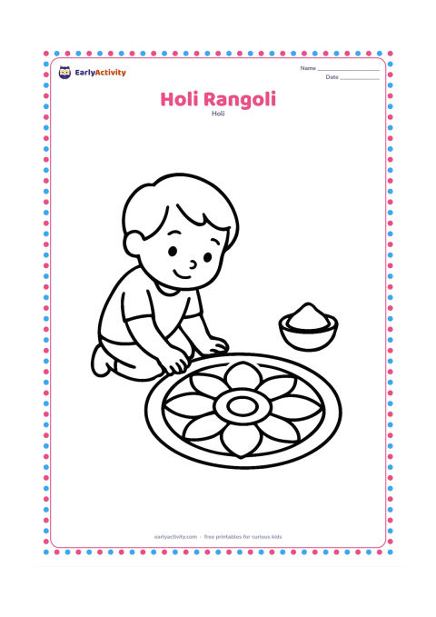 Colouring page: A child kneels beside a large symmetrical rangoli made from circles, petals and curved shapes. Include a small bowl of gulal beside the design.