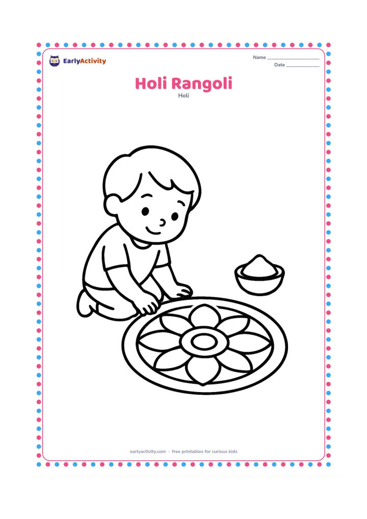 Colouring page: A child kneels beside a large symmetrical rangoli made from circles, petals and curved shapes. Include a small bowl of gulal beside the design.