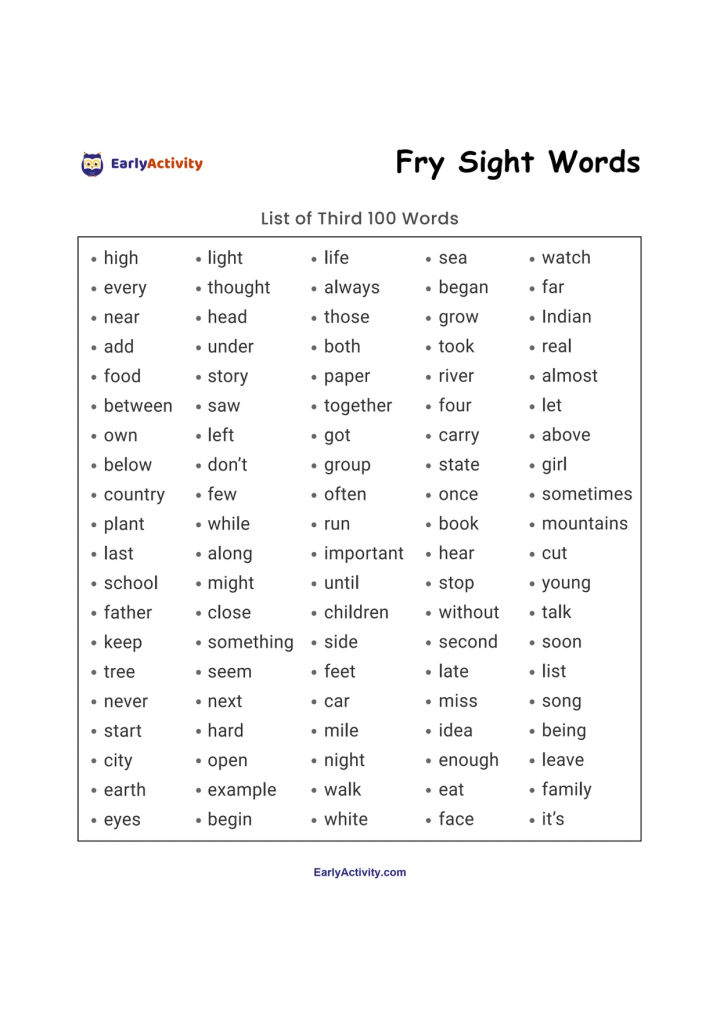 Sight word worksheet showing the third list of 100 Fry sight words arranged in five columns.