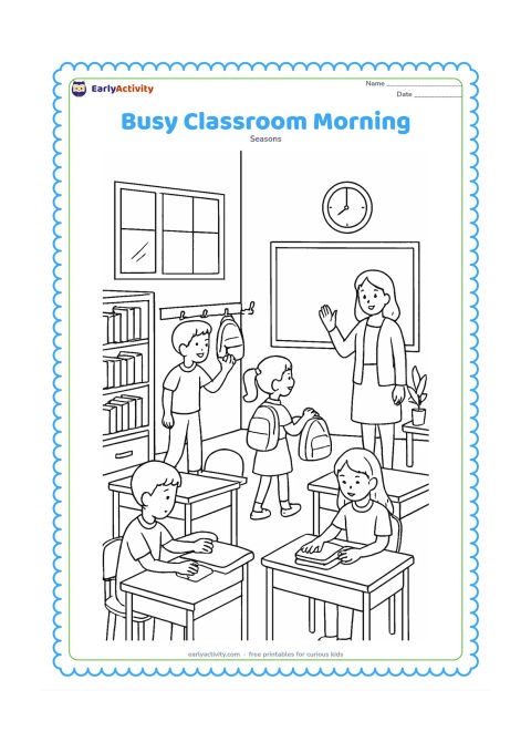 Colouring page: A lively classroom shows children entering, hanging bags on hooks, arranging books on desks and greeting a teacher near a blank board. Include rows of desks, a bookshelf, windows, a wall…