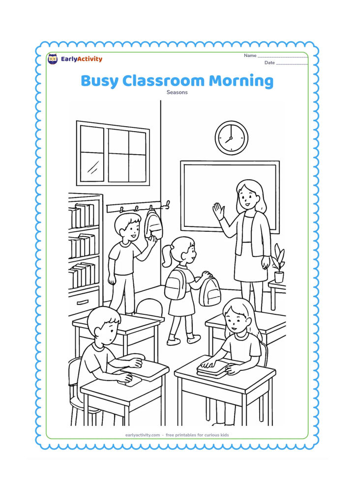 Colouring page: A lively classroom shows children entering, hanging bags on hooks, arranging books on desks and greeting a teacher near a blank board. Include rows of desks, a bookshelf, windows, a wall…