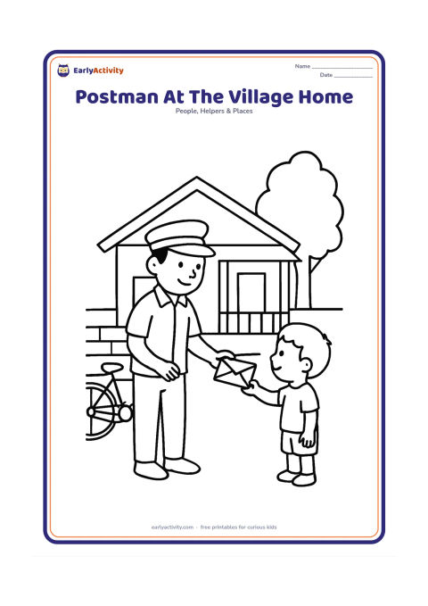 Colouring page: A postman hands a letter to a child outside a simple Indian village home with a verandah. Add a bicycle, a tree and a low boundary wall.