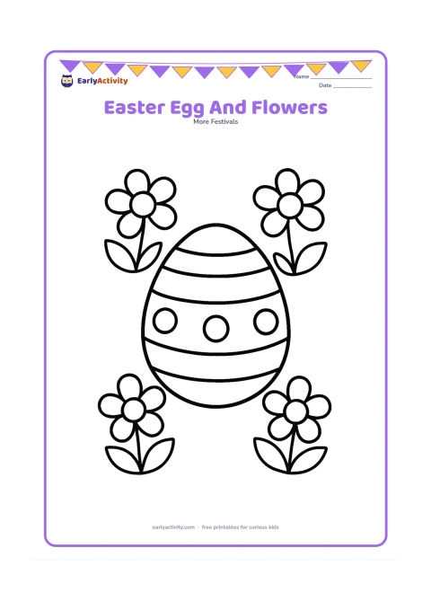 Colouring page: Place one large patterned Easter egg in the centre, surrounded by four simple spring flowers with round petals and broad leaves. The egg should have only a few wide stripes and dots.