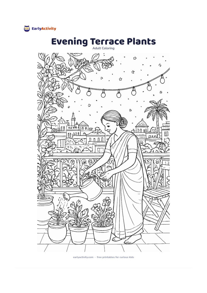 Colouring page: Draw an Indian rooftop terrace at dusk with an adult watering potted plants, strings of unlit decorative bulbs, a folding chair, clay pots, flowering vines and a view of layered rooftops…