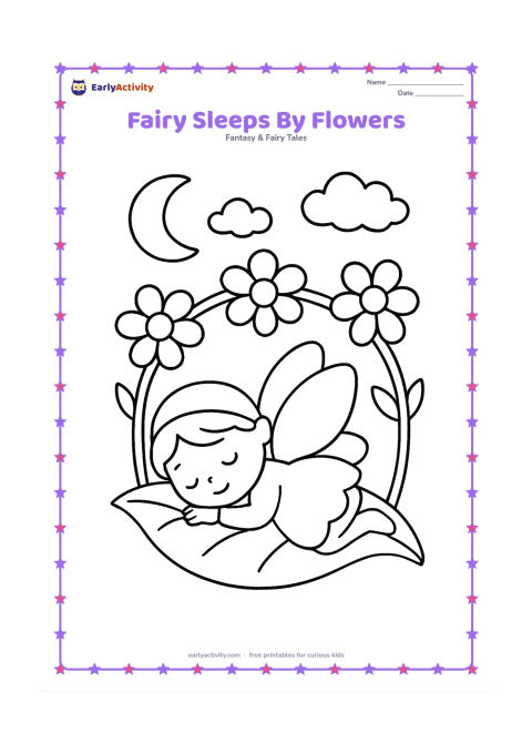 Colouring page: A peaceful fairy sleeps on a soft leaf beneath a simple flower arch. Add a crescent moon, two clouds and three large flowers in the background.