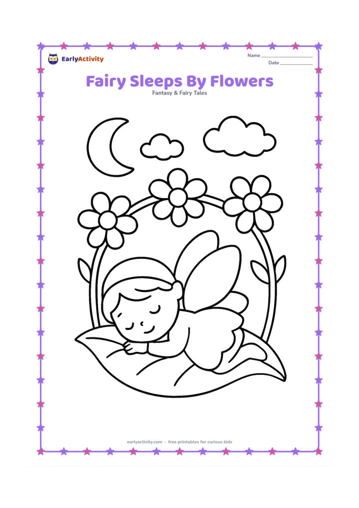 Colouring page: A peaceful fairy sleeps on a soft leaf beneath a simple flower arch. Add a crescent moon, two clouds and three large flowers in the background.