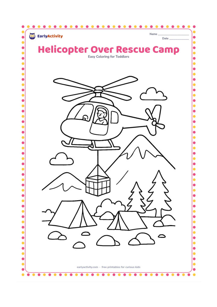 Colouring page: Draw a helicopter hovering above a safe mountain rescue camp, with a pilot visible through the cockpit and a rope basket hanging securely below. Add tents, trees, rocks and a clear sky,…