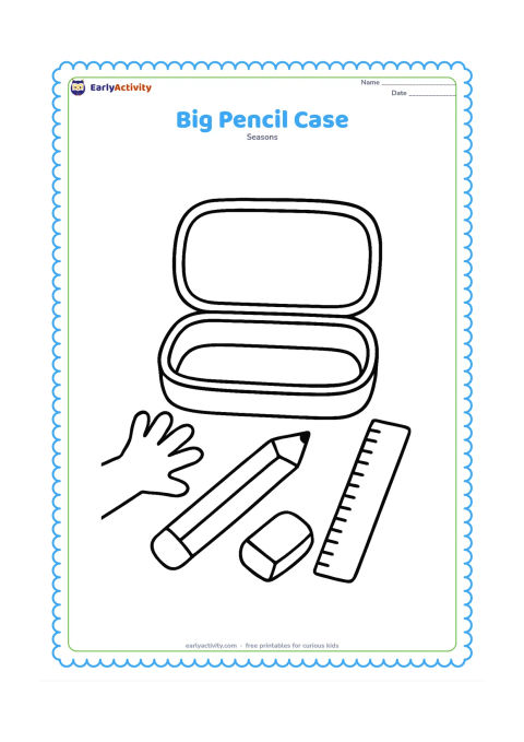 Colouring page: An open pencil case sits in the centre with a large pencil, eraser and ruler beside it. A child reaches toward the pencil case from one side.