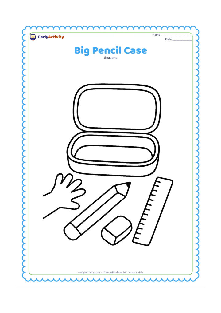 Colouring page: An open pencil case sits in the centre with a large pencil, eraser and ruler beside it. A child reaches toward the pencil case from one side.