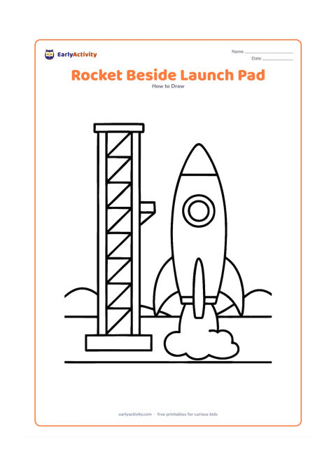 Worksheet: A side-view rocket is parked beside a tall launch pad on a flat ground line, with a round window, fins, a small access platform and a short exhaust cloud. Include a few distant hills and…