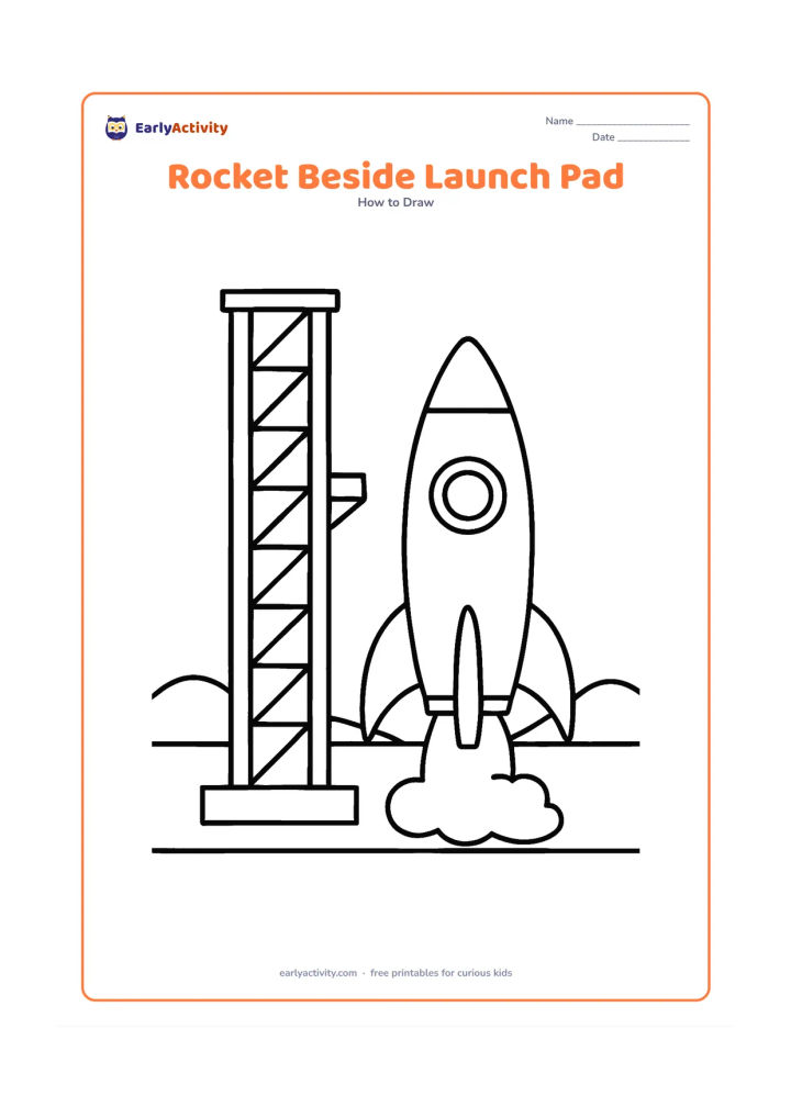 Worksheet: A side-view rocket is parked beside a tall launch pad on a flat ground line, with a round window, fins, a small access platform and a short exhaust cloud. Include a few distant hills and…