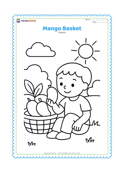 Colouring page: Draw a child sitting beside a large basket of mangoes, holding one mango up for a closer look. Include three large mangoes, broad leaves, and a simple sunny garden background.